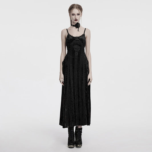 Elegant black velvet goth slip dress by Punk Rave with embroidered lace trim and adjustable fit, showcasing baroque detailing.