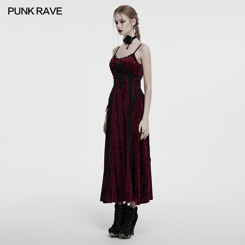 Close-up view of the velvet fabric and metal-accented lace panels of the Punk Rave gothic slip dress, highlighting opulent texture and design.