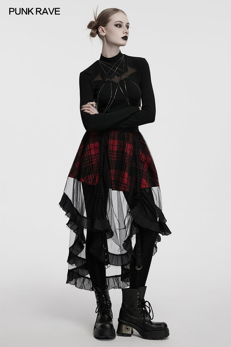 Luxurious Punk Rave Morrigan High-Low Skirt featuring bold red plaid and elegant sheer black mesh, enhanced with adjustable studded straps for a custom fit, ideal for alternative and goth fashion enthusiasts.