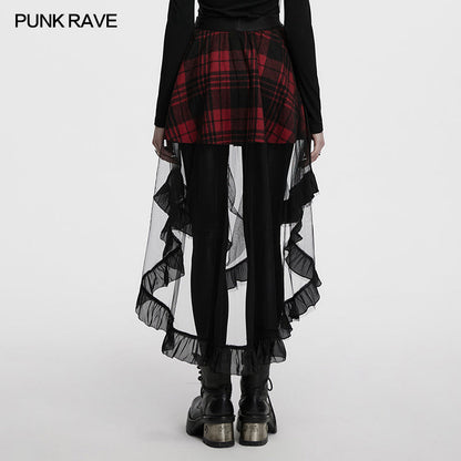 Full view of the Punk Rave Morrigan High-Low Skirt styled with elegant accessories, demonstrating its unique combination of punk elegance and gothic flair in alternative fashion.