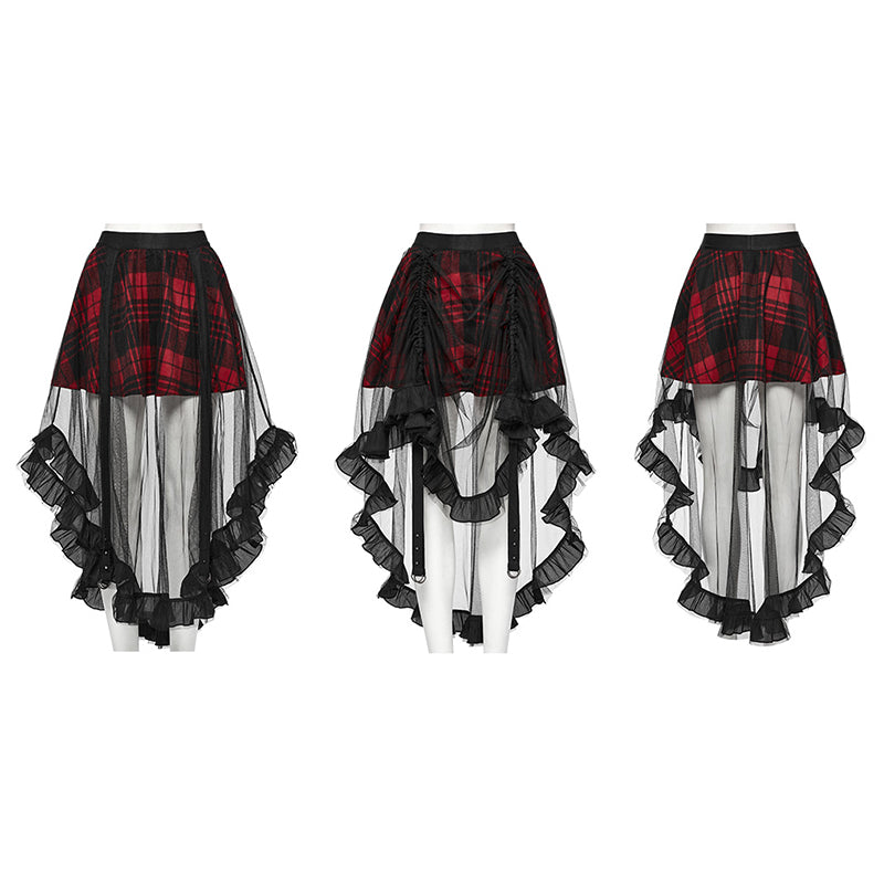 Punk Rave Morrigan High-Low Skirt featuring a striking red plaid pattern with sheer black mesh overlay, showcasing its dramatic high-low silhouette and ruffled trim, ideal for luxury alternative fashion.