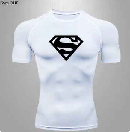 Chic white athletic compression t-shirt for men, adorned with a sophisticated black Superman logo, suitable for fashionable fitness enthusiasts.
