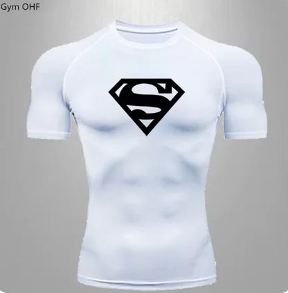 Men's luxurious white quick dry compression t-shirt featuring a bold black Superman logo, ideal for gym enthusiasts and sports activities.