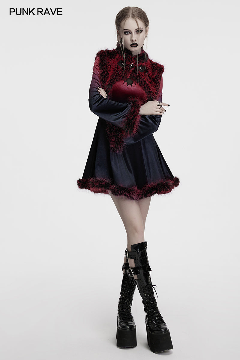 Punk Rave Lilith Gradient Devil Shawl in Crimson showcasing its plush black to deep crimson faux fur and elegant stand-up collar, perfect for gothic fashion enthusiasts.