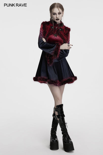 Punk Rave Lilith Gradient Devil Shawl in Crimson showcasing its plush black to deep crimson faux fur and elegant stand-up collar, perfect for gothic fashion enthusiasts.