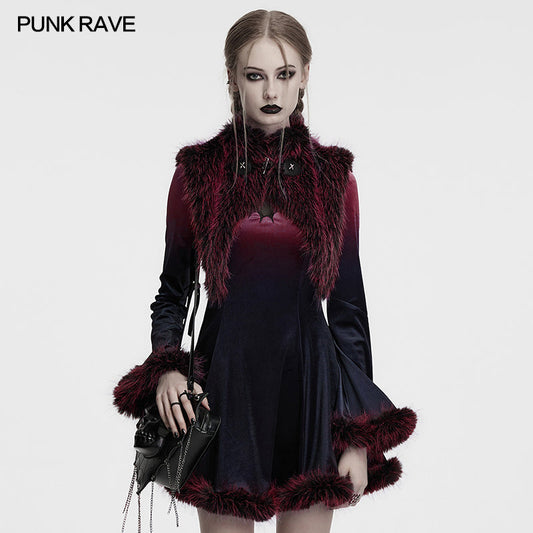 Detailed view of the Punk Rave Lilith Devil Shawl featuring decorative leather loop and X-stitch button fastening, complemented by horn-inspired accents for an enchanting gothic chic look.
