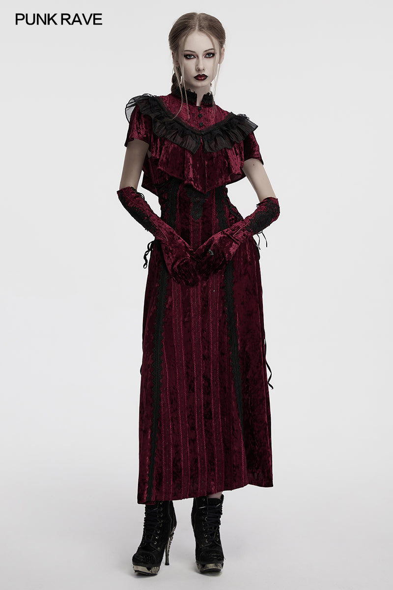 Close-up of Punk Rave Selene embroidered crimson gloves with detailed floral and rattan-inspired black embroidery, perfect for alternative fashion.