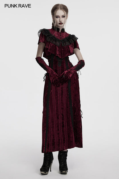 Close-up of Punk Rave Selene embroidered crimson gloves with detailed floral and rattan-inspired black embroidery, perfect for alternative fashion.