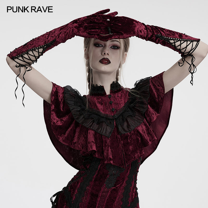Luxury crimson velvet gloves from Punk Rave, featuring intricate black embroidery and elegant pointed cuffs, ideal for gothic and alternative fashion.