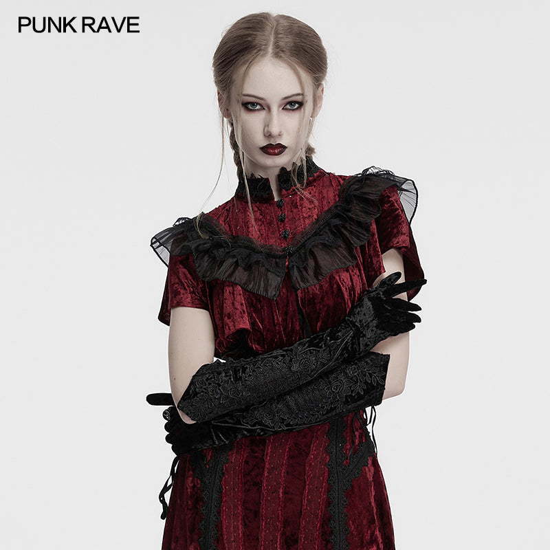 Punk Rave Selene Black Velvet Gloves showcasing intricate embroidery and elongated pointed cuffs for a luxurious gothic style.