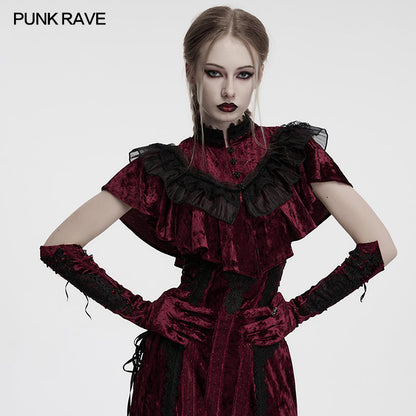 Close-up of Punk Rave Selene embroidered velvet gloves, showcasing the rich crimson fabric and detailed black floral embroidery, perfect for dark romantic attire.