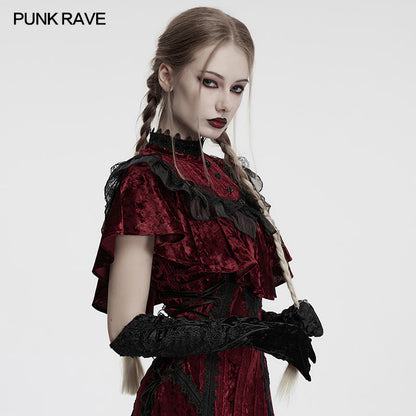 Close-up view of the embroidered design on Punk Rave Selene Black Velvet Gloves, featuring dark floral motifs perfect for alternative fashion.