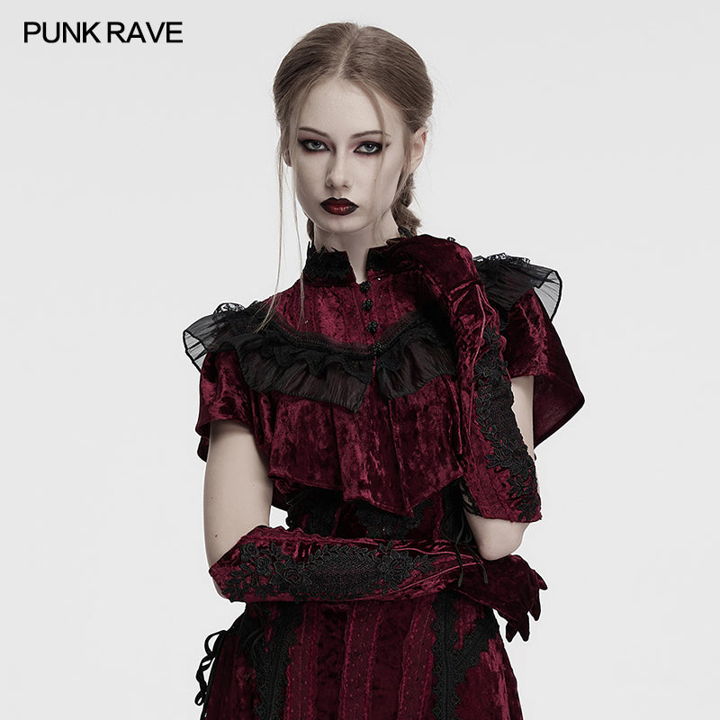 Punk Rave Selene crimson velvet gloves featuring intricate black embroidery and elegant pointed cuffs, embodying gothic luxury.