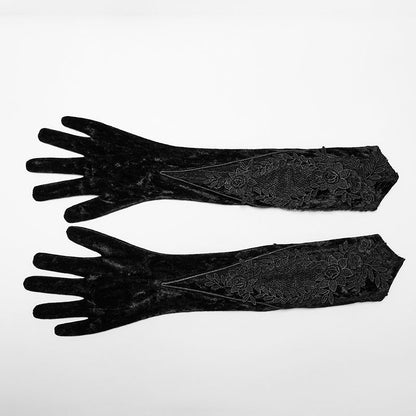 Dramatic styling of the Punk Rave Selene Black Velvet Gloves, designed for adding a luxurious gothic flair to any outfit.