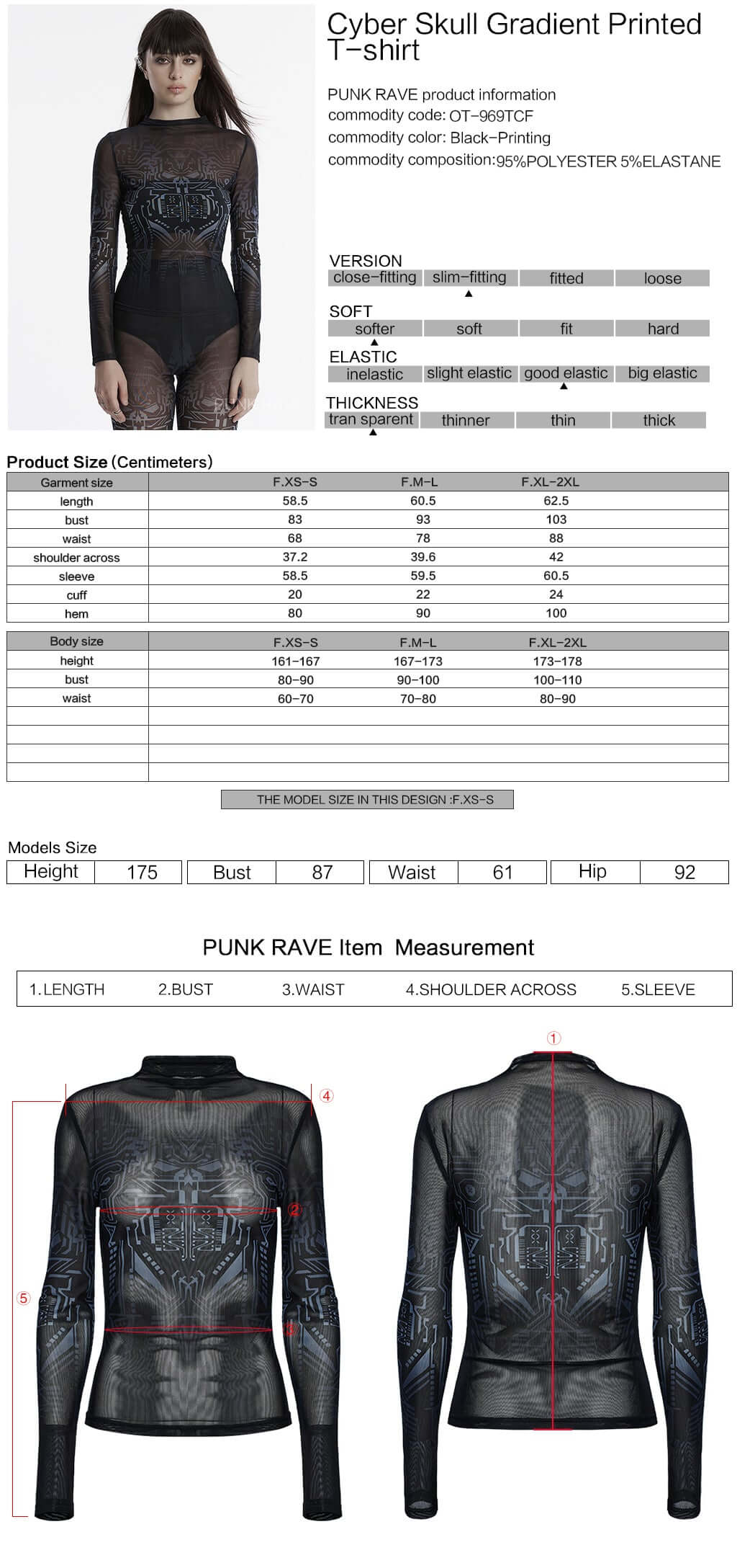 Punk Rave Eluana Cybergoth Print Mesh Long Sleeve Top featuring an intricate futuristic skull design in a striking black colour.