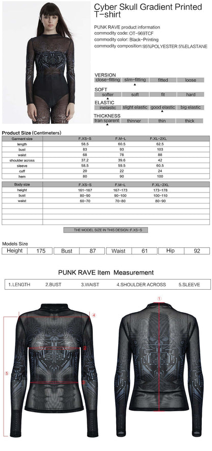 Punk Rave Eluana Cybergoth Print Mesh Long Sleeve Top featuring an intricate futuristic skull design in a striking black colour.