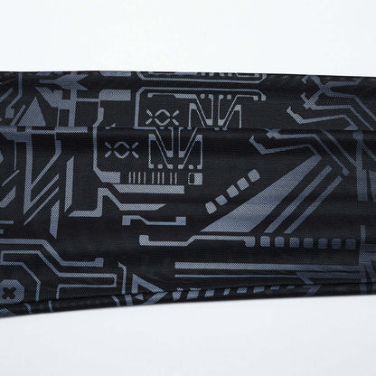 Flat lay of the Punk Rave Eluana Cybergoth Print Mesh Long Sleeve Top with detailed focus on its fabric composition and unique cybernetic skull motif.