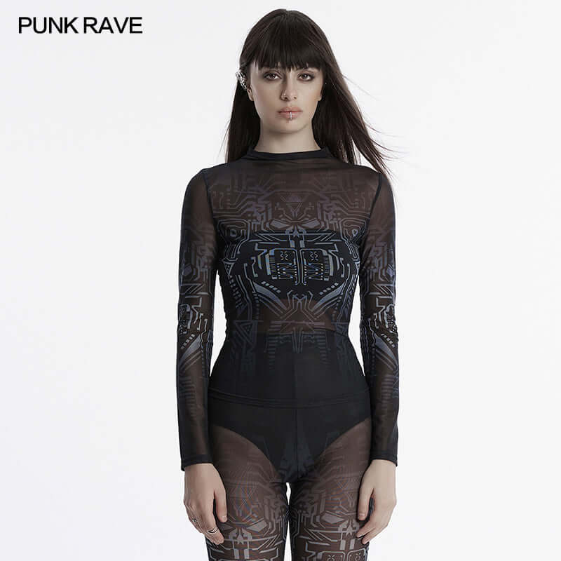 Model wearing the black Punk Rave Eluana Cybergoth Print Mesh Long Sleeve Top, demonstrating its edgy fit and contemporary fashion statement.
