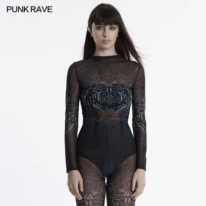 Model wearing the black Punk Rave Eluana Cybergoth Print Mesh Long Sleeve Top, demonstrating its edgy fit and contemporary fashion statement.