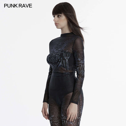 Model showcasing the Punk Rave Eluana Cybergoth Long Sleeve Top against an urban backdrop, illustrating its bold and edgy style ideal for contemporary streetwear.