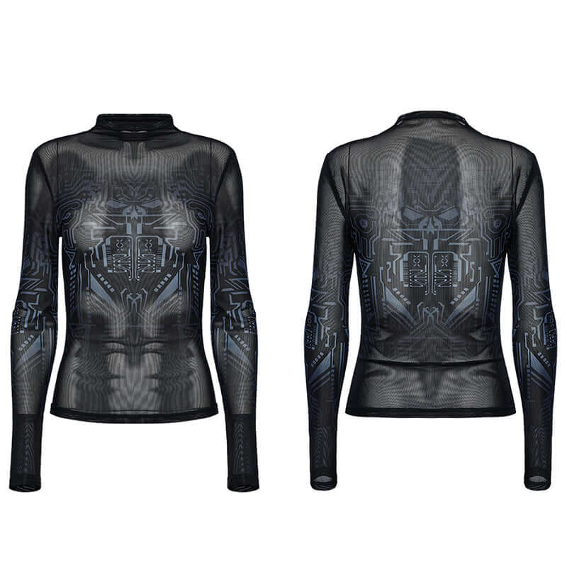 Punk Rave Eluana Cybergoth Print Mesh Long Sleeve Top featuring an avant-garde mechanical skull design in black, perfect for cyberpunk fashion enthusiasts.