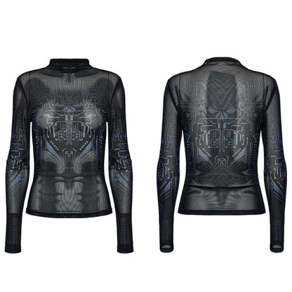 Punk Rave Eluana Cybergoth Print Mesh Long Sleeve Top featuring an avant-garde mechanical skull design in black, perfect for cyberpunk fashion enthusiasts.