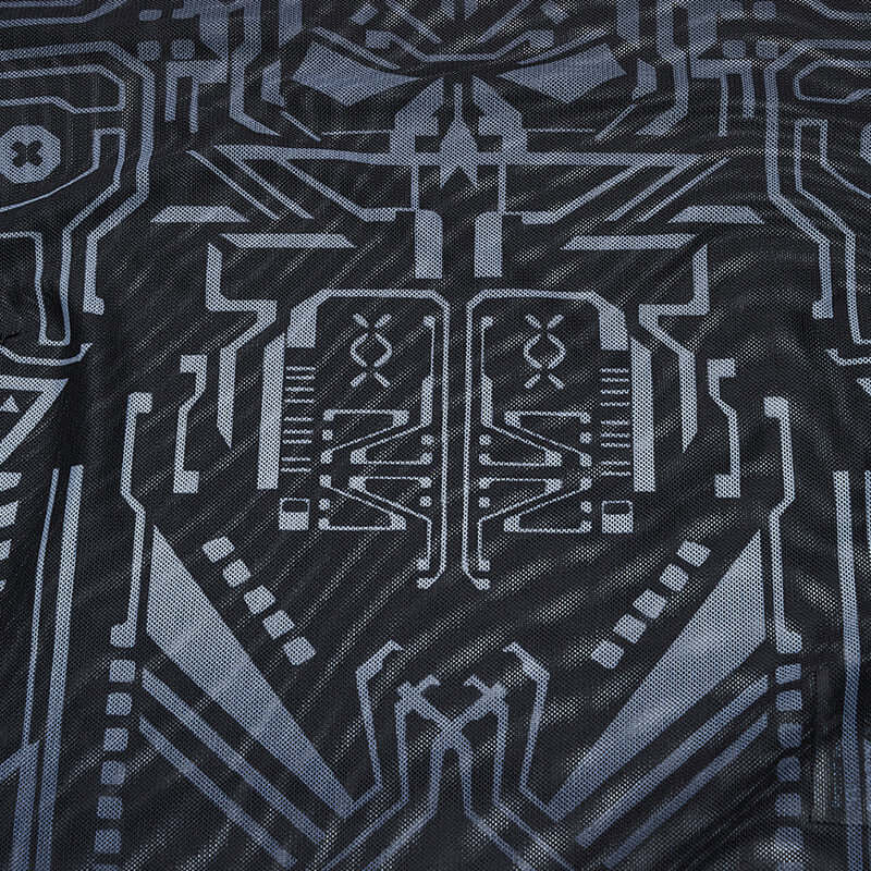 Detail view of the fabric texture of the Punk Rave Eluana Cybergoth Long Sleeve Top, made of 95% polyester and 5% elastane for comfort and flexibility.