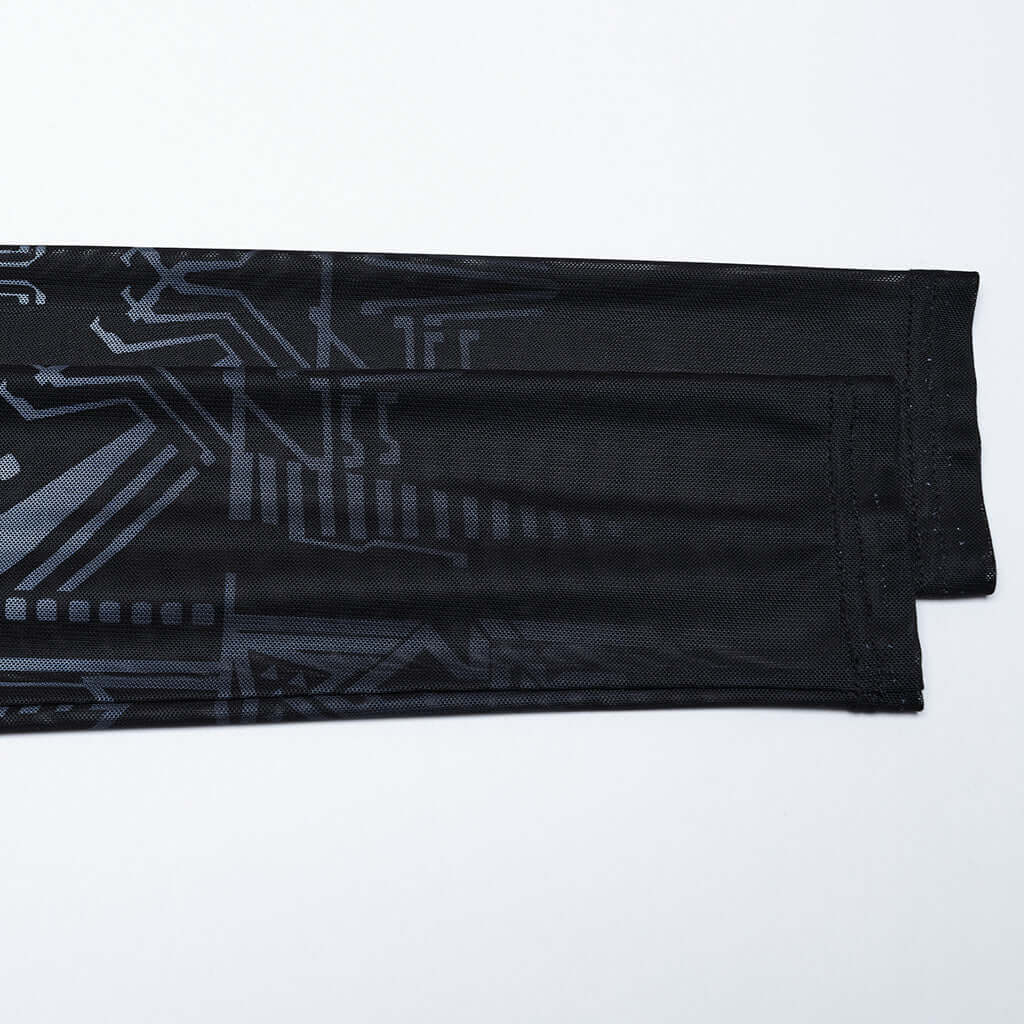 Stylish black mesh long sleeve top from Punk Rave with a striking skull print, ideal for an edgy, luxurious cybergoth look.