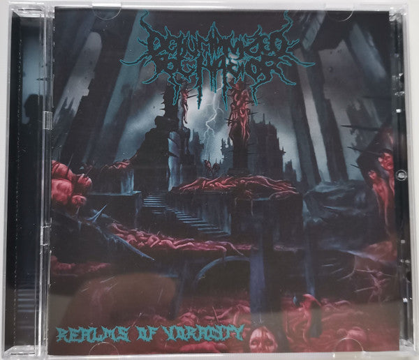Dehumanized Behavior - Realms of Voracity CD cover art, showcasing the haunting and intricate design by Rancid Offal Records, a premium death metal album released in 2022.