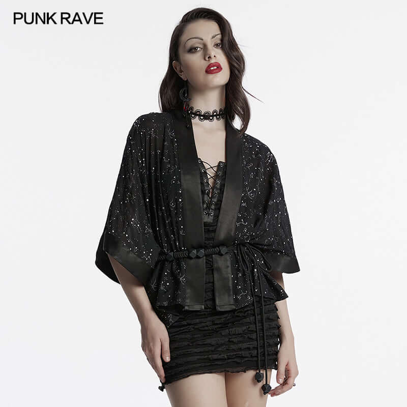 Luxury Punk Rave Augusta Kimono Jacket featuring intricate constellation print and flowing wide sleeves, perfect for a stylish evening look.