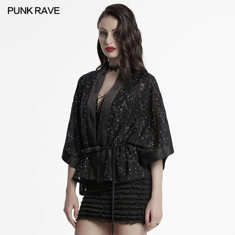 Chic model wearing the Punk Rave Augusta Kimono Jacket, highlighting the generous wide sleeves and braided waistband for a versatile outfit.
