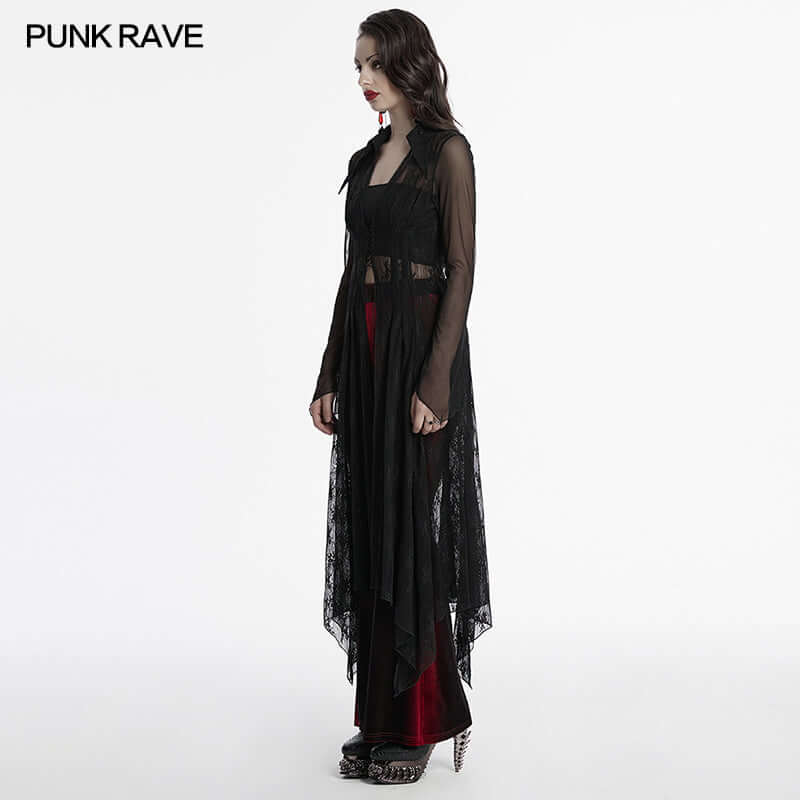 Punk Rave Tau Lace Cardigan showcasing exquisite elastic lace, elegant sheer fabric, pointed collar, and unique drawstring front, perfect for a luxury fashion statement.