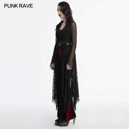 Punk Rave Tau Lace Cardigan showcasing exquisite elastic lace, elegant sheer fabric, pointed collar, and unique drawstring front, perfect for a luxury fashion statement.