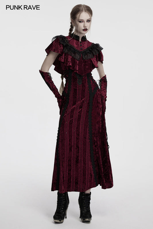 Close-up of the elegant lace-edged high collar on Punk Rave Elysia velvet ruffle shawl, exuding romantic gothic elegance.
