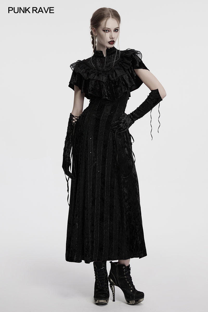 Close-up view of the intricate layered ruffle detail and high lace-edged collar of the Punk Rave Elysia Black Velvet Ruffle Goth Shawl, showcasing its exquisite craftsmanship.