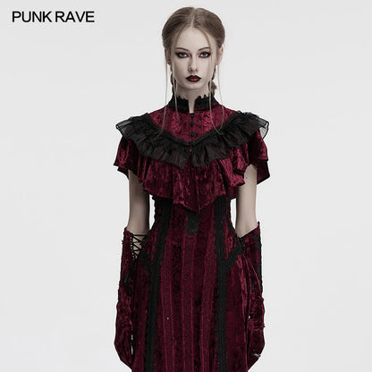 Luxurious crimson velvet ruffle shawl featuring intricate lace collar and rose buckle detail, ideal for gothic fashion layering.