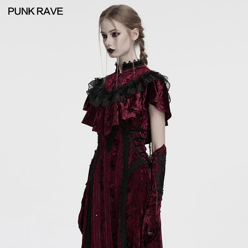 Dramatic ruffled trim of crimson velvet shawl contrasting with black, showcasing its lavish gothic style perfect for alternative outfits.