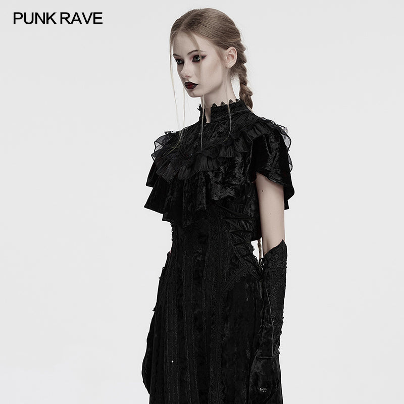 Stylish model wearing the Punk Rave Elysia Black Velvet Ruffle Goth Shawl over a dark ensemble, demonstrating its versatility for goth and alternative fashion.
