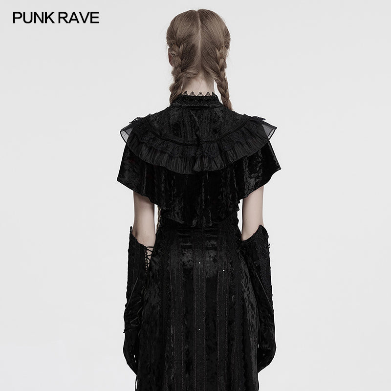 Elegant black velvet Gothic shawl with ruffles and lace collar, featuring ornate rose buckle closure, perfect for alternative fashion styling.