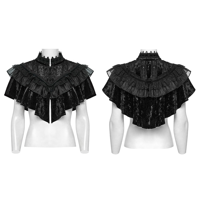 Detailed view of the layered ruffles and soft velvet fabric of the Punk Rave Elysia Shawl, highlighting its texture and sumptuous design ideal for gothic attire.
