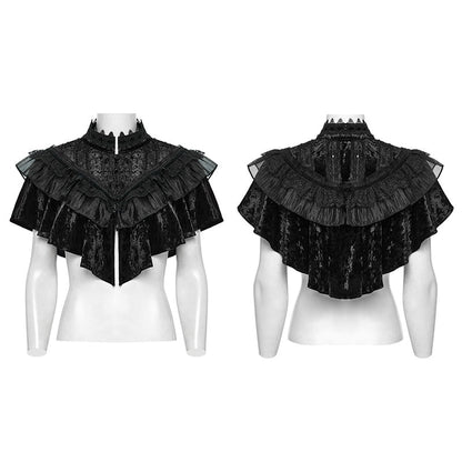 Detailed view of the layered ruffles and soft velvet fabric of the Punk Rave Elysia Shawl, highlighting its texture and sumptuous design ideal for gothic attire.