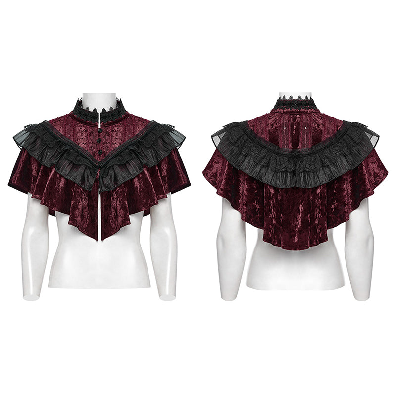 Close-up of Punk Rave Elysia velvet shawl's layered ruffles and soft texture, emphasizing its luxurious crimson hue and gothic elegance.