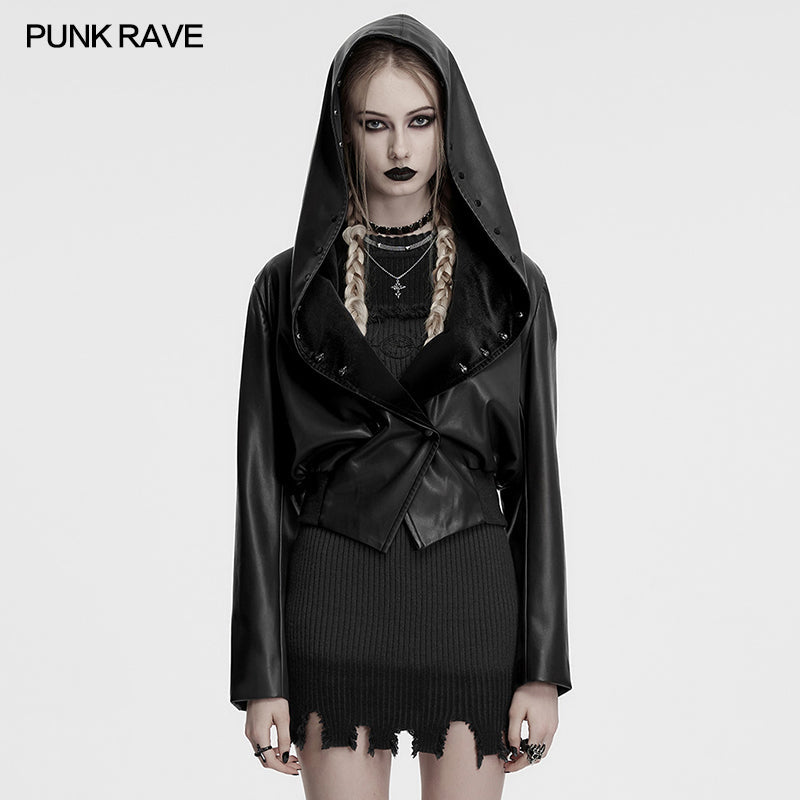 Punk Rave Nyx Hooded Faux Leather Jacket featuring intricate skull stud embellishments and dramatic oversized hood, epitomising gothic alternative fashion.