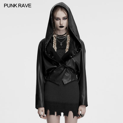Punk Rave Nyx Hooded Faux Leather Jacket featuring intricate skull stud embellishments and dramatic oversized hood, epitomising gothic alternative fashion.