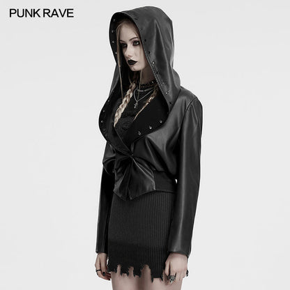Model wearing the Punk Rave Nyx Hooded Jacket, highlighting the cinched waist design and large lapels that create a flattering silhouette for a gothic chic look.
