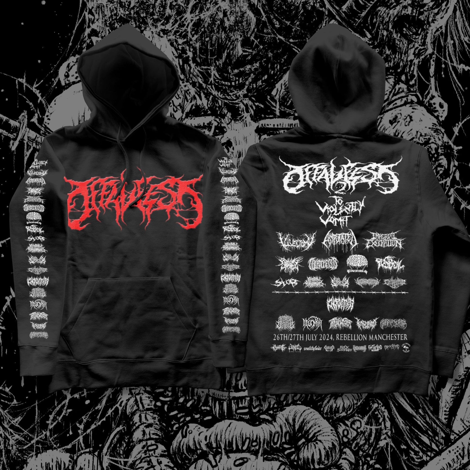 Luxurious Offal Fest 2024 Hoodie featuring bold artwork by T-Six Illustrations, presented by Rancid Offal Records, with lineup details on the back and crafted from premium Just Hoods Jet Black material.