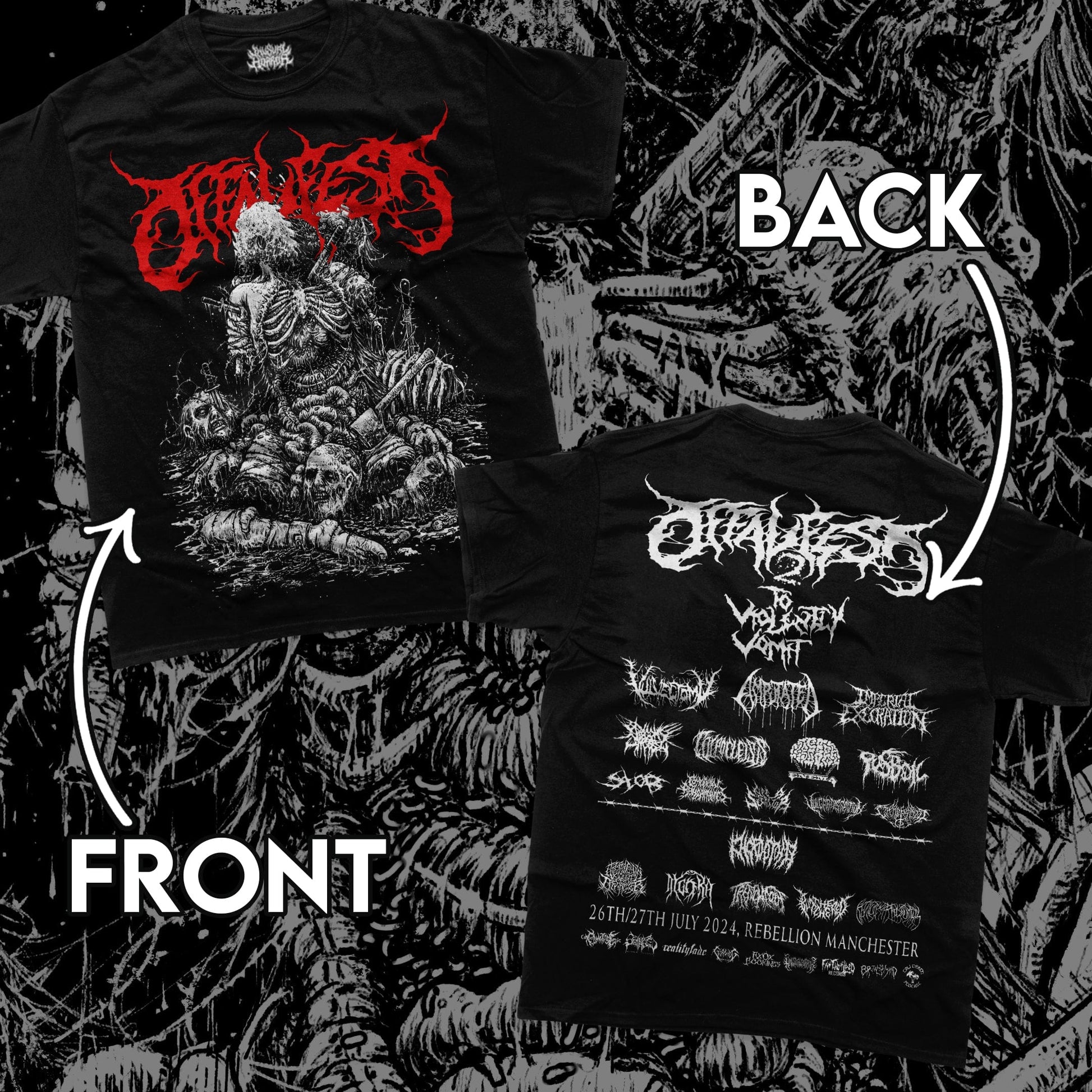 Official Offal Fest 2024 T-Shirt featuring a striking design by T-Six Illustrations, showcasing the event lineup on the back, crafted by Rancid Offal Records.