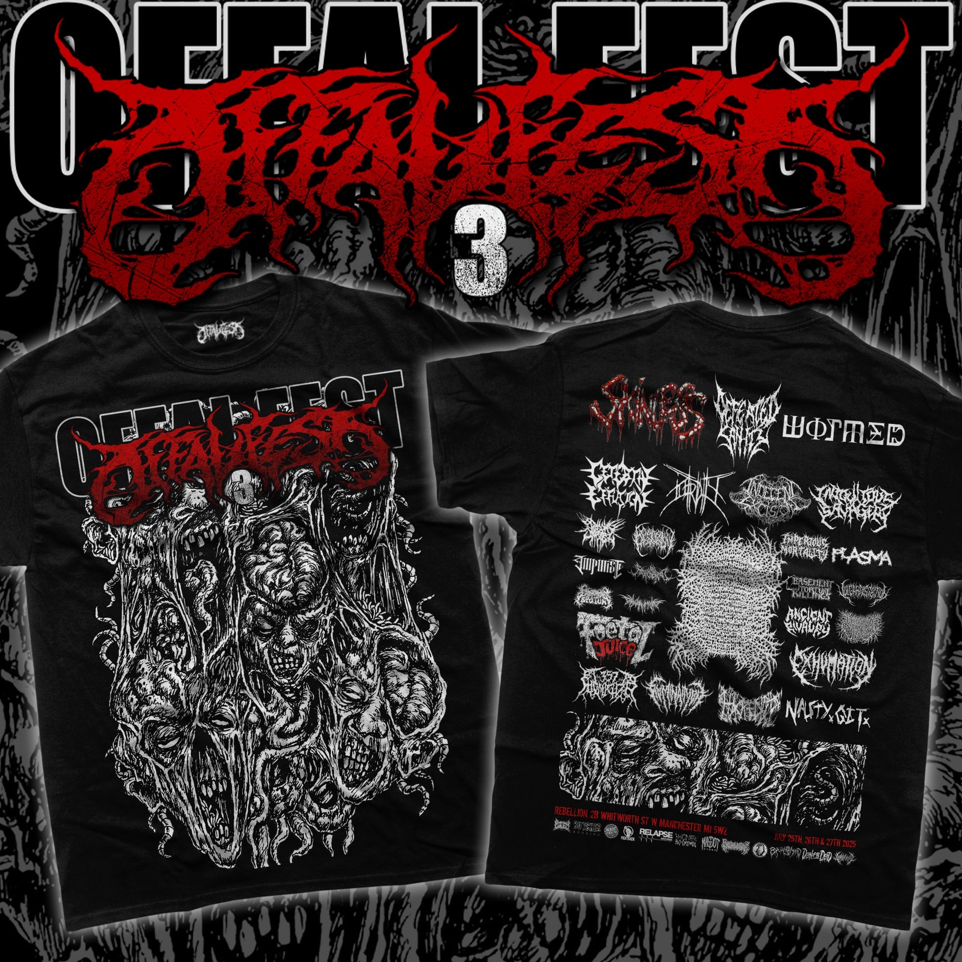 Luxury Offal Fest 2025 T-Shirt by Rancid Offal Records featuring a striking design on the front and artist lineup on the back, showcasing exclusive limited edition fashion.