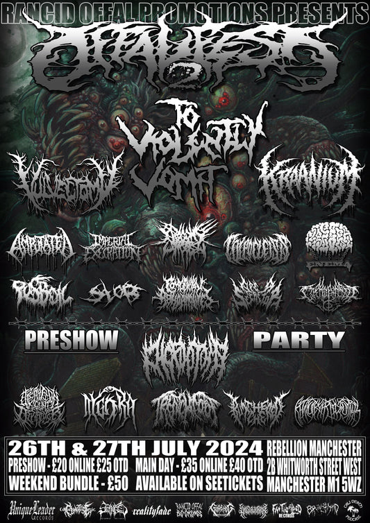 Elegant Offal Fest 2024 A3 Poster from Rancid Offal Records, showcasing vibrant colors and unique design for a premium musical event.