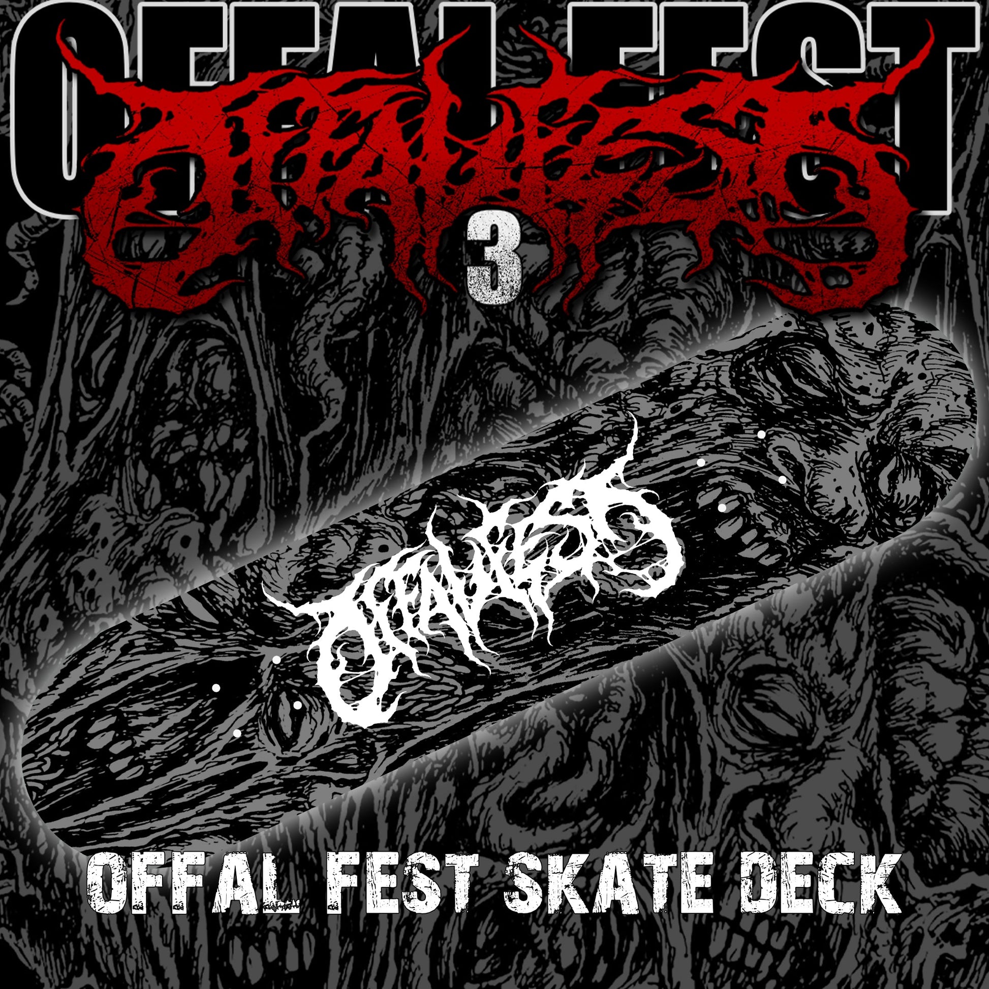 Luxurious Offal Fest Skate Deck by Rancid Offal Records, featuring an exquisite full colour heat transferred design, measuring 32.5" length and 8.5" width for ultimate skating performance.